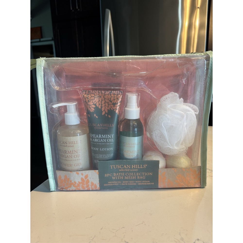 Tuscan Hills 8pc Bath Collection Spearmint Argan Oil Set With Mesh Bag